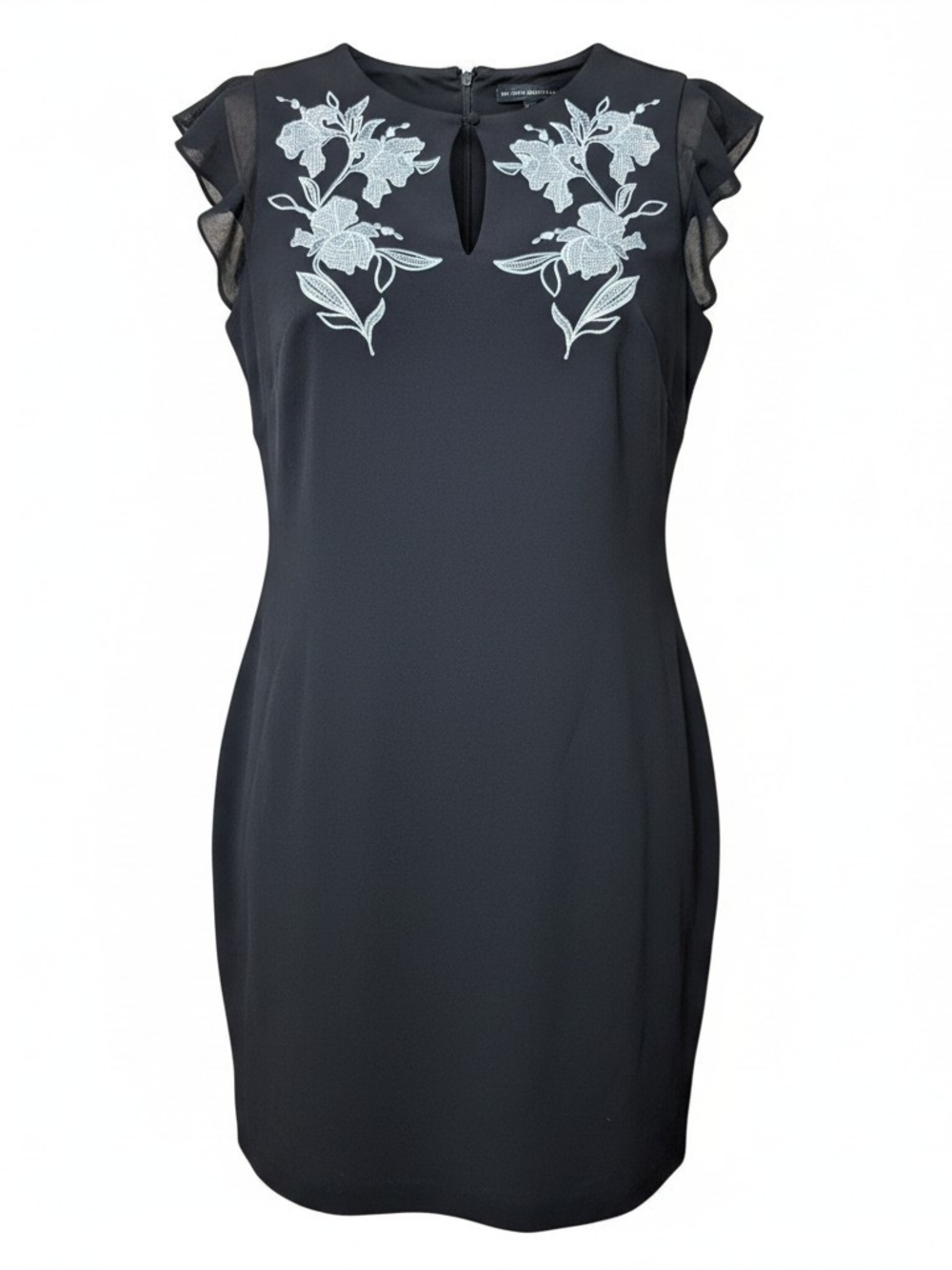 WHITE HOUSE BLACK MARKET | Black Embroidered Flutter Sleeve Sheath Dress‎ | L